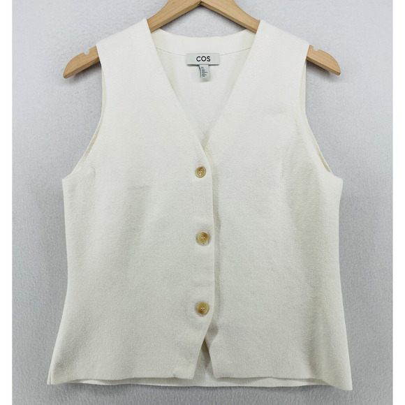 COS Sweater M Waistcoat Vest Button Front Sleeveless Cotton Blend Off White - Picture 1 of 12
